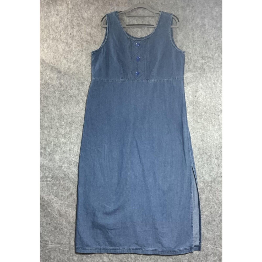 K Studio Dress Womens 14 Blue Denim Tank Sleeveless Maxi Side Slit Cotton Casual